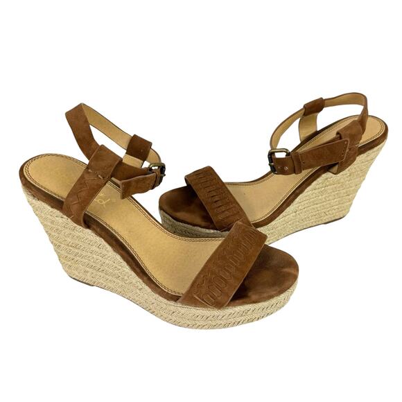 Splendid Shayla Cognac Suede Leather Open Toe Espadrille Wedge Heel Sandals - Picture 1 of 12